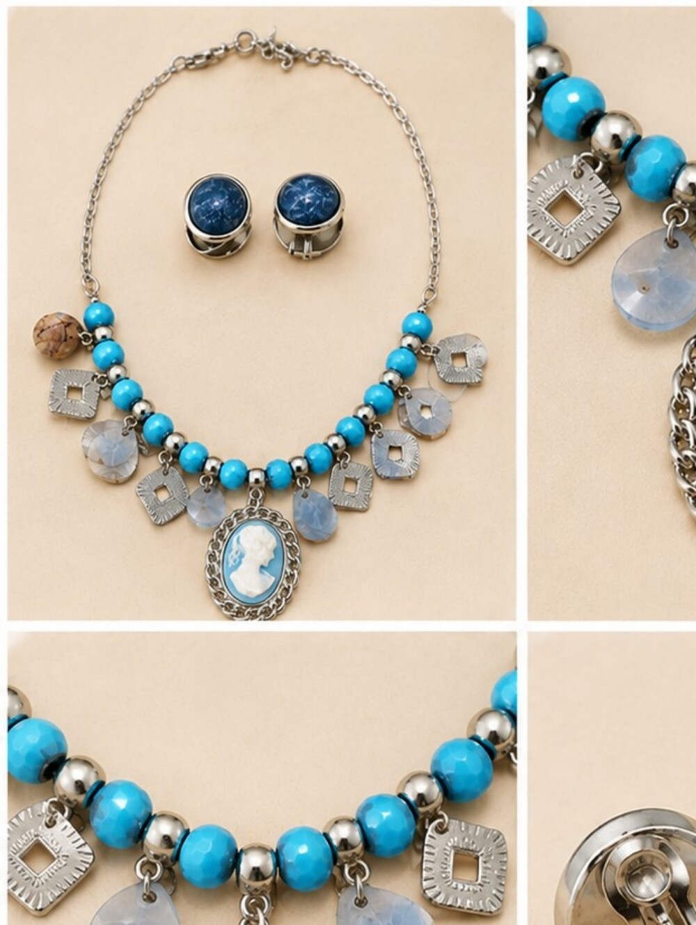 Blue Cameo Pendant Necklace and Earrings Set - Women Jewelry